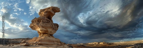 A towering rock sculpture shaped by wind erosion under a sweeping dramatic cloudy sky in the desert. photo