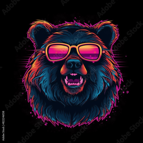 synthwave bear illustration for clothing design  background