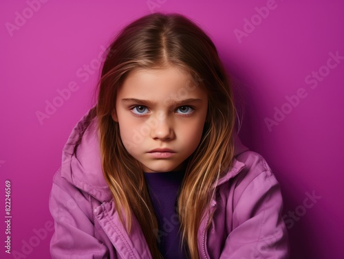 Magenta background sad European white child realistic person portrait of young beautiful bad mood expression child Isolated on Background depression anxiety