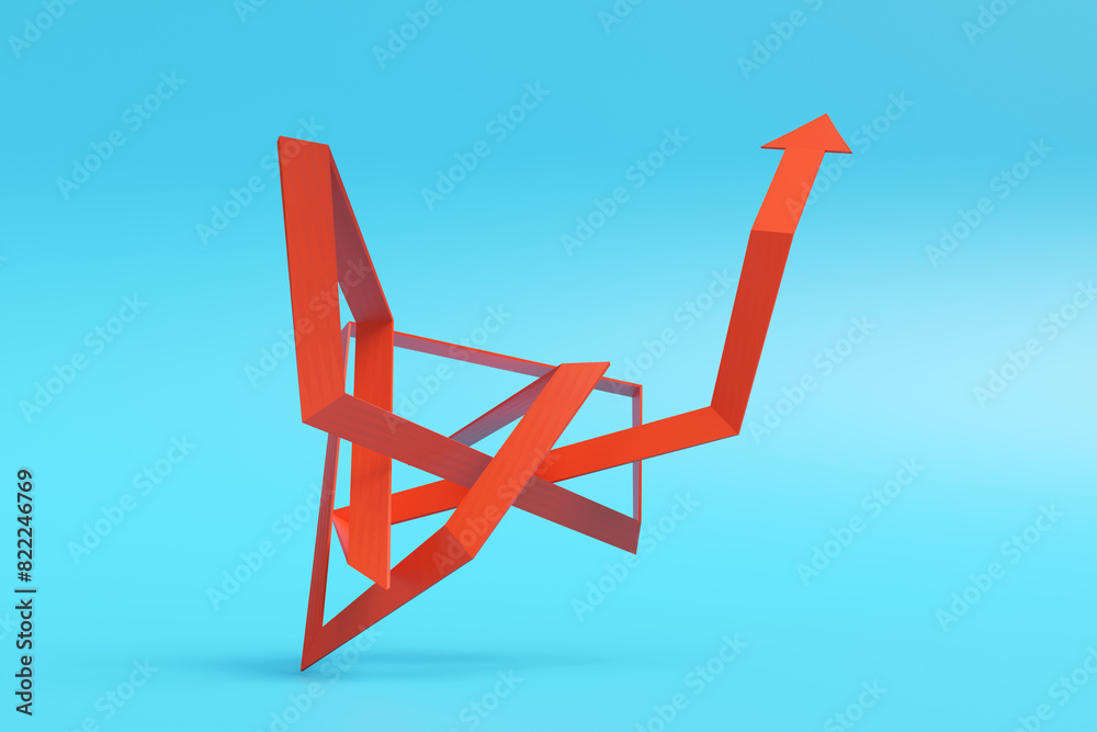 Messy and tangled red upward arrow on light blue background. Illustration of the concept of the uncertainty, fluctuation of stock prices, and trial and error Messy and tangled red upward arrow on light blue background. Illustration of the concept of the uncertainty, fluctuation of stock prices, and trial and error