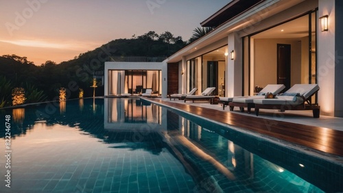 Luxurious villa with swimming pool at dusk © Arch Design
