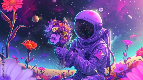 Astronaut Exploring Mystical Cosmic Landscape with Vibrant Floral Elements © Chanakan