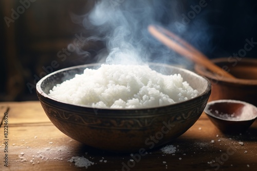 a bowl of rice with steam coming out of it