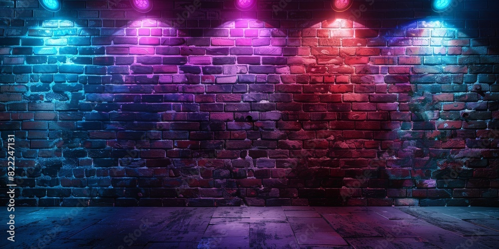A brick wall with purple and blue neon lights shining on it, for product display. empty dark scene laser beams neon spotlights reflection on the floor in studio room A brick wall with purple and blue neon lights shining on it, for product display. empty dark scene laser beams neon spotlights reflection on the floor in studio room