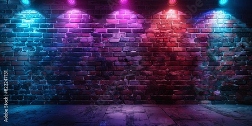 A brick wall with purple and blue neon lights shining on it   for product display.  empty dark scene laser beams neon spotlights reflection on the floor in studio room 