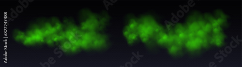 Obraz na płótnie Green smoke clouds, toxic vapor or haze isolated on black, abstract smoky overlay. Vector illustration. w salonie