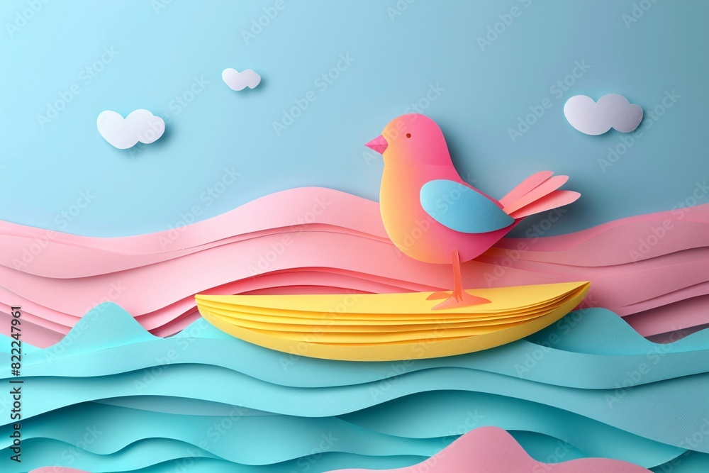 a bird on a surfboard