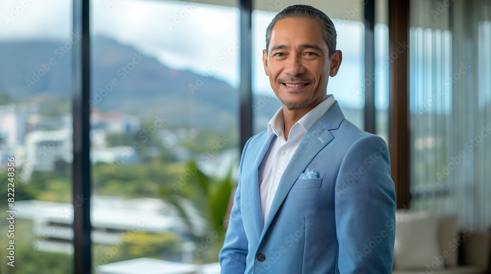 Confident Business Professional Smiling in Modern Office with Scenic Mountain View, Ideal for Business, Corporate, and Professional Use