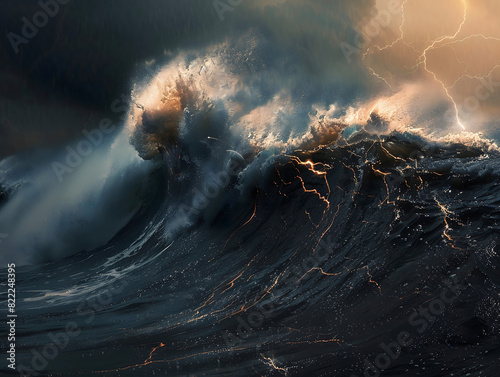 A close-up of a wave illuminated by a bolt of lightning, revealing the texture and fury of the churning water. photo