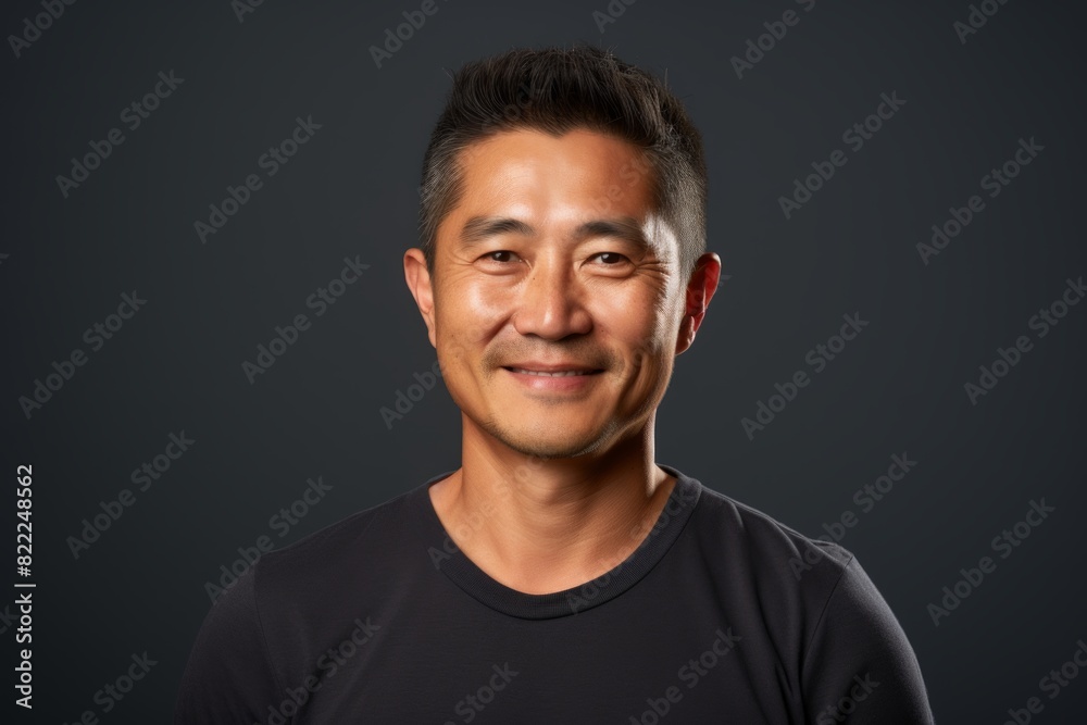 Portrait of a glad asian man in his 40s smiling at the camera on blank studio backdrop Portrait of a glad asian man in his 40s smiling at the camera on blank studio backdrop
