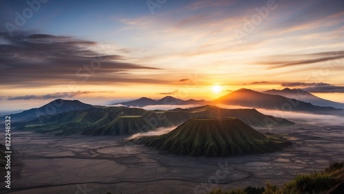 There is a beautiful landscape image of a mountain range with the sun rising behind it. The sky is a gradient of orange and yellow, and the mountains are green and lush.