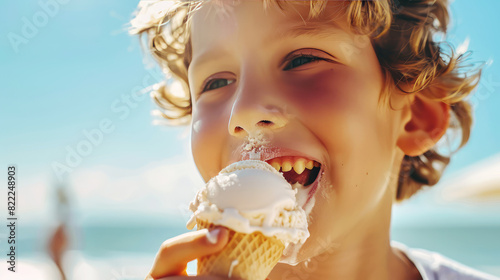 Happy boy eating ice cream on the seashore closeup