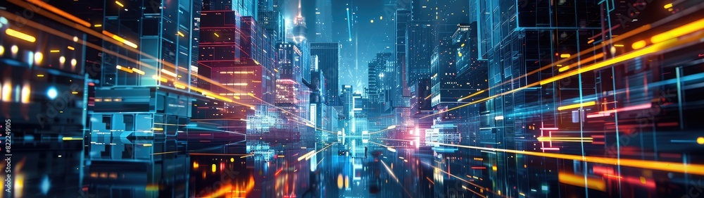 An abstract futuristic cityscape illustration featuring a blend of neon lights and geometric shapes, creating a dynamic and vibrant composition that evokes a sense of innovation and technology An abstract futuristic cityscape illustration featuring a blend of neon lights and geometric shapes, creating a dynamic and vibrant composition that evokes a sense of innovation and technology