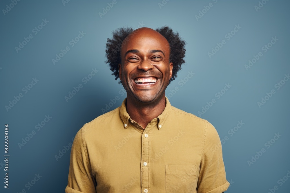 Obraz premium Portrait of a joyful afro-american man in his 40s smiling at the camera on blank studio backdrop