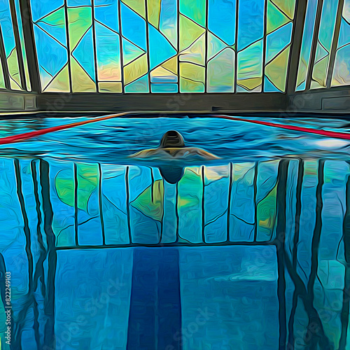 Expressionistic view of a woman swimming laps in an upscale hotel pool with stained-glass windows and slightly surreal surface reflections