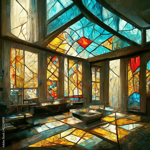 Interior view of a house of stained glass, for motifs of design and decor, privacy, uniqueness
