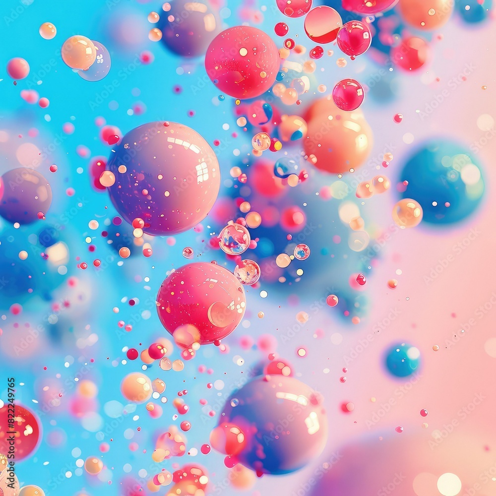 Colorful bubbles floating in a blue and pink liquid. Colorful bubbles floating in a blue and pink liquid.