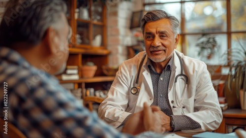 cultural medical consultation, an indian doctor in traditional attire consulting treatment options with a middle-aged hispanic patient in a cozy room with wooden furniture and warm lighting