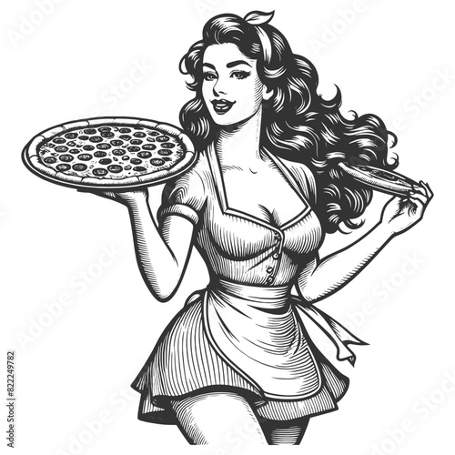 Pin-up vintage waitress in classic uniforms, with pizza sketch engraving generative ai fictional character vector illustration. Scratch board imitation. Black and white image.