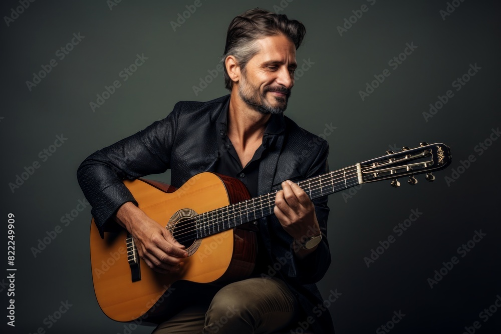 Fototapeta premium Portrait of a satisfied man in his 40s playing the guitar in blank studio backdrop