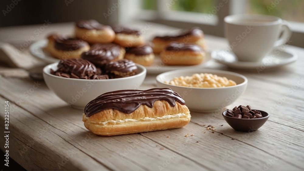 Eclairs - Choux pastry filled with cream and topped with chocolate. Eclairs - Choux pastry filled with cream and topped with chocolate.
