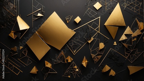 The image is a dark background with gold geometric shapes. The shapes are mostly triangles and squares, and they appear to be randomly arranged.

 photo