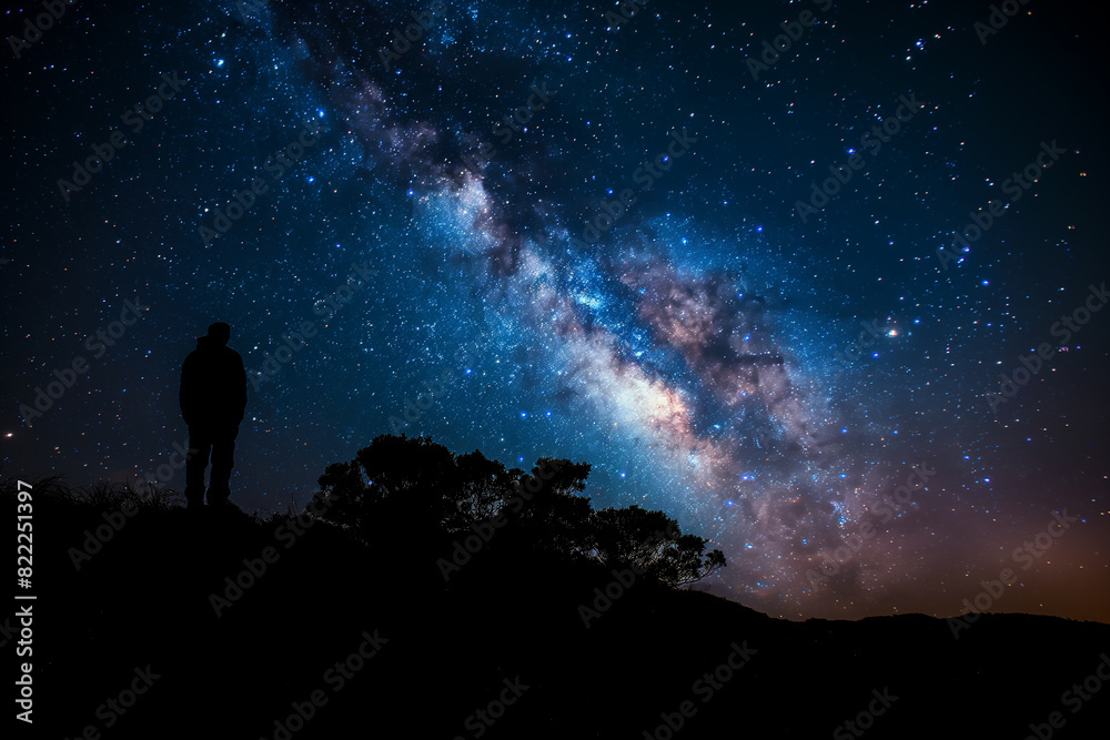 Fototapeta premium Beautiful milkyway on a night sky. Silhouette of a man against the night sky.