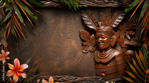 A tropical theme sign to accept a custom message or design element - rustic carved black surface that allows for customization  - a border of tropical leaves, flowers,  wood masks, sign, mesoamerica
 photo