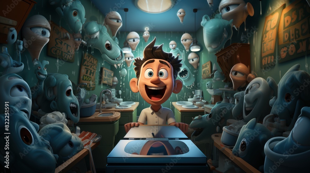 A colorful digital illustration of a person at a desk surrounded by alien creatures with eyes on walls A colorful digital illustration of a person at a desk surrounded by alien creatures with eyes on walls