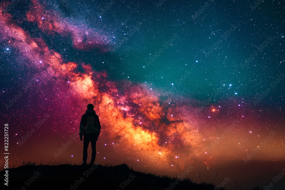 Beautiful milkyway on a night sky. Silhouette of a man against the night sky.