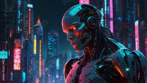 A twisted, glitching cyborg with wires snaking out of its body, illuminated by neon lights in a sprawling cityscape photo