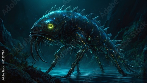 An electrifying gothic insectoid fishlike creature emerges from the depths, its chitinous exoskeleton shimmering with an otherworldly sheen. photo