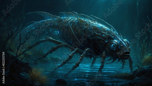 An electrifying gothic insectoid fishlike creature emerges from the depths, its chitinous exoskeleton shimmering with an otherworldly sheen. photo