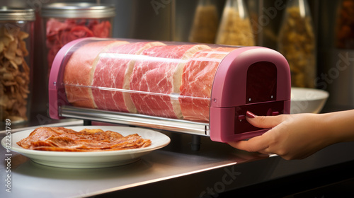 A modern meat slicer machine slicing a large ham, with a person's hand retrieving a slice photo