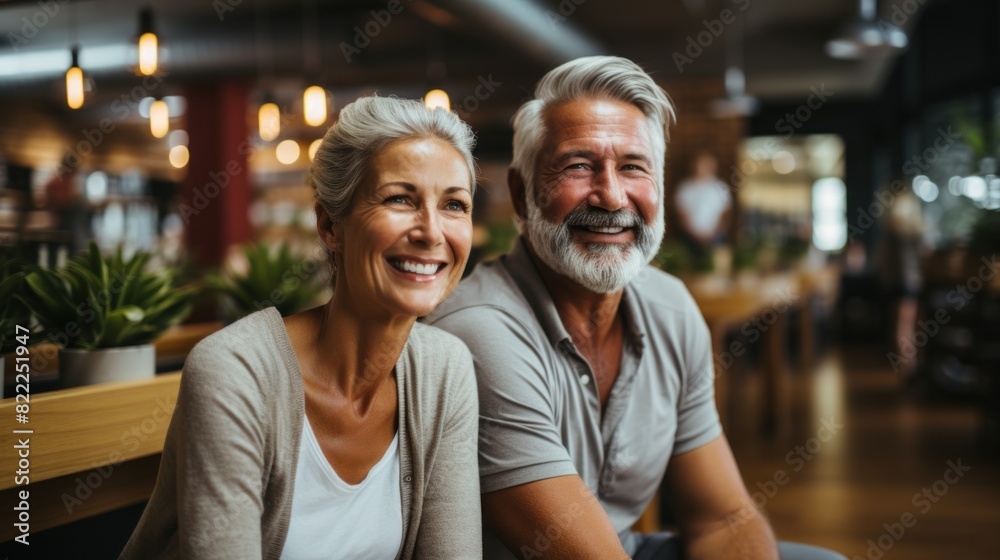 A cheerful elderly couple enjoying a moment together inside a brightly lit cafe, exuding happiness and companionship A cheerful elderly couple enjoying a moment together inside a brightly lit cafe, exuding happiness and companionship