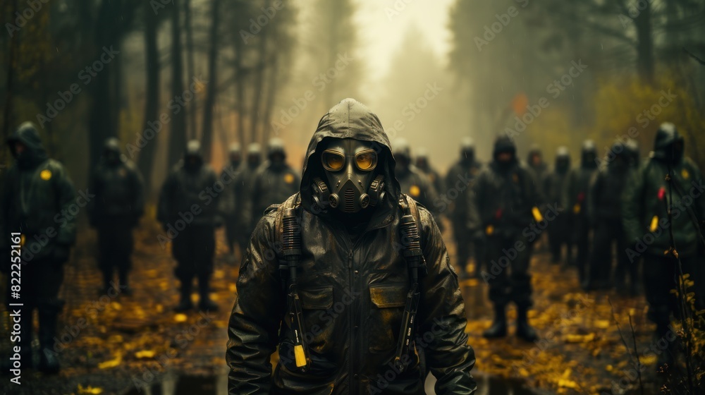 A person in a black outfit stands in front, leading a group in a misty forest environment, evoking leadership and mystery A person in a black outfit stands in front, leading a group in a misty forest environment, evoking leadership and mystery