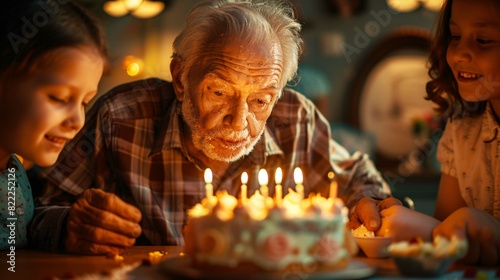 Close-up of a delighted grandfather blowing out candles on his birthday cake  surrounded by his loving family in a warmly decorated dining room filled with laughter and joy.
