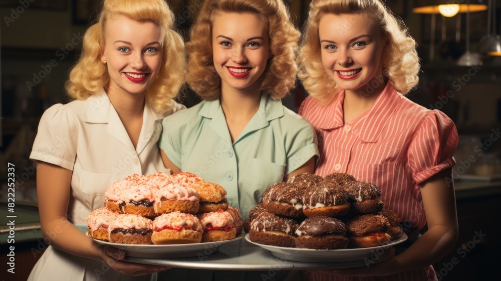 Three smiling retro-style waitresses holding trays of colorful donuts and pastries in a vintage diner Three smiling retro-style waitresses holding trays of colorful donuts and pastries in a vintage diner