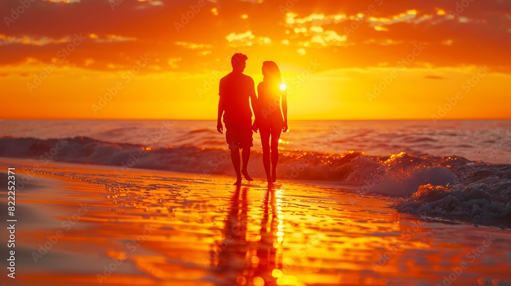 Smiling couple enjoying a romantic sunset stroll on the beach, the warm tones of the setting sun casting a golden glow on their faces as they celebrate a birthday together. Smiling couple enjoying a romantic sunset stroll on the beach, the warm tones of the setting sun casting a golden glow on their faces as they celebrate a birthday together.