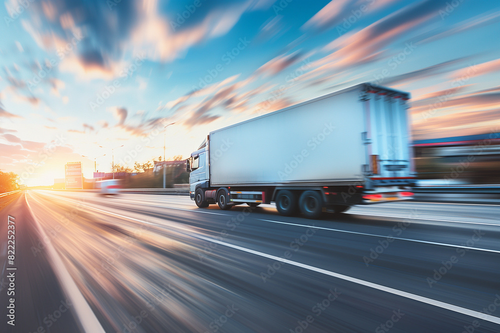 A white truck driving on the highway, with motion blur and blurred background