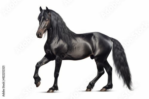 Black horse is standing on its hind legs and legs  with its front legs spread out.