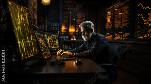 Trader in a dark office looking at multiple computer monitors filled with financial data charts and graphs