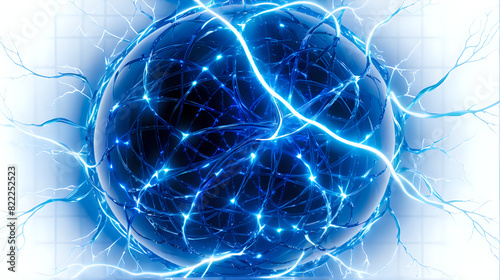  a dynamic and visually striking representation of interconnected networks with electric blue and white light trails swirling around a dark spherical core, set against a soft blue grid background