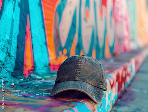 A black baseball cap sits on a colorful graffiti wall. photo