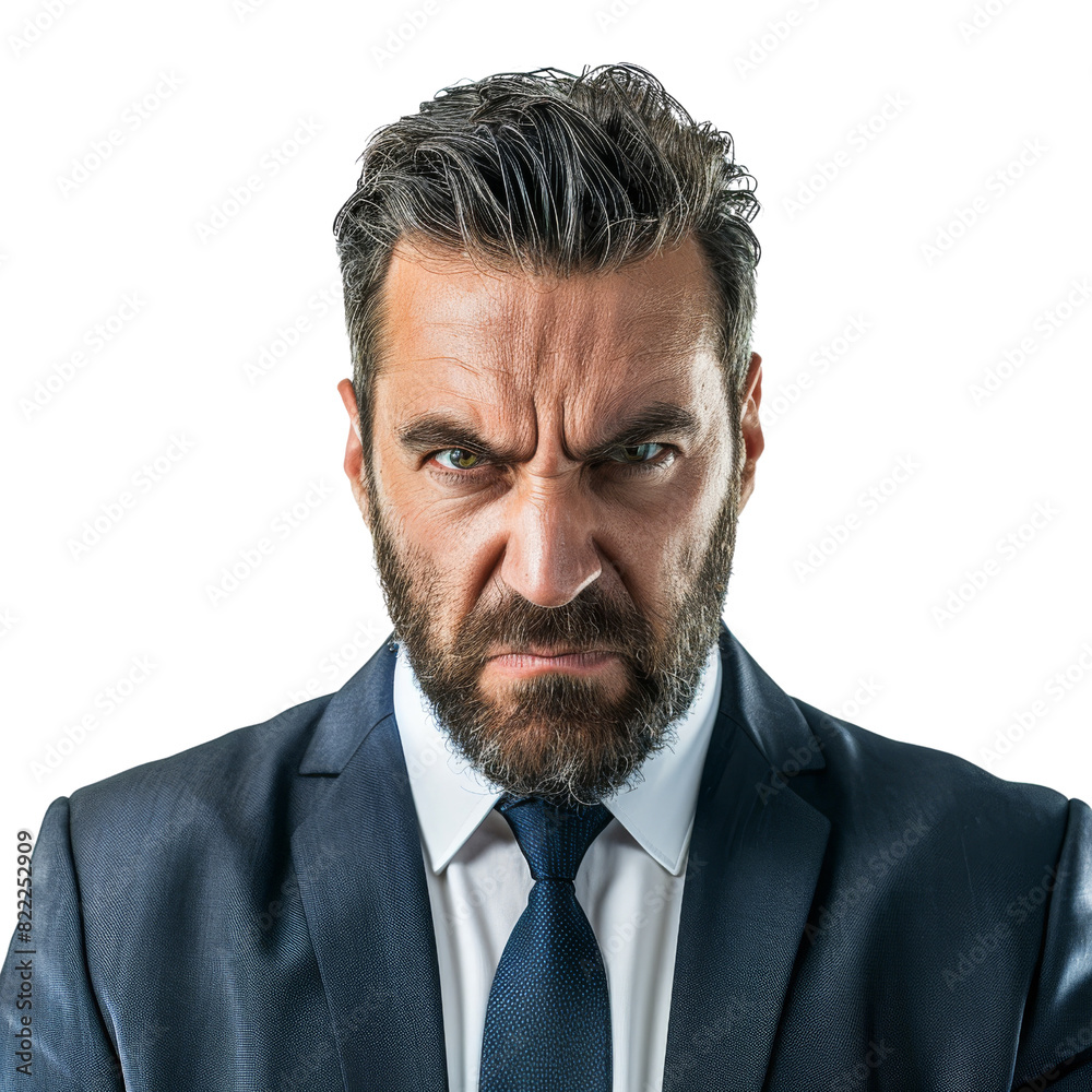 A man with a beard and a black suit is wearing a blue tie and looking angry , isolated on transparent background A man with a beard and a black suit is wearing a blue tie and looking angry , isolated on transparent background
