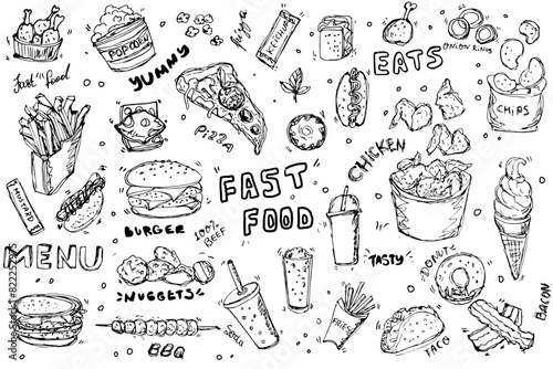 Fast Food set  Doodle Line Art Illustration. Burger, fries, ice cream, soda, popcorn , hotdog , chips, donuts. Hand Drawn pencil Vector Clip Art. For Banner, Logo, restaurant menu, food packaging etc.