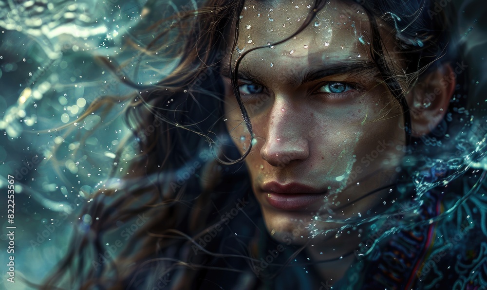 Ethereal portrait of a young man with flowing long hair and clothes decorated with feathers, young shaman portrait Ethereal portrait of a young man with flowing long hair and clothes decorated with feathers, young shaman portrait