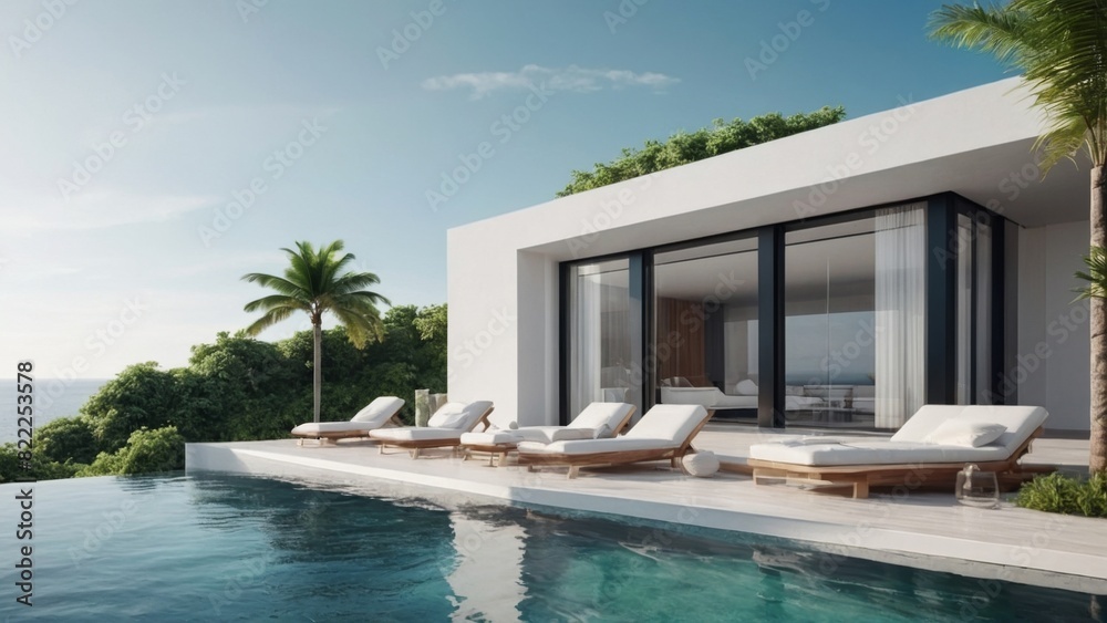 Fototapeta premium Luxury white beach house with sea view swimming pool and terrace in modern design