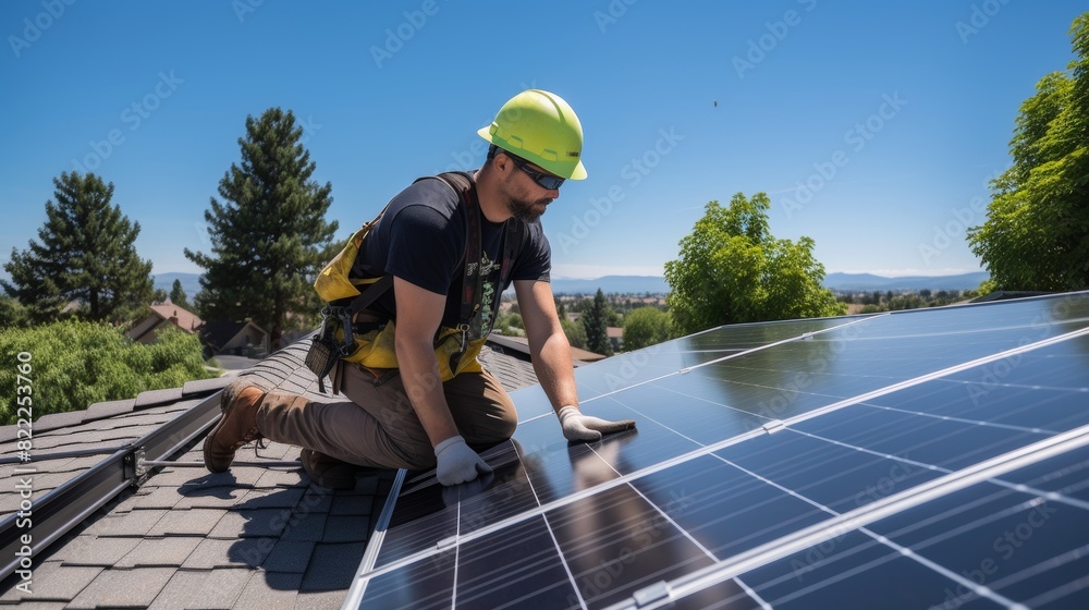 A solar panel technician installing solar panels on a house roof on a sunny day, The roof is covered with an array of sleek, modern solar panels, gleaming under the intense sunlight. A solar panel technician installing solar panels on a house roof on a sunny day, The roof is covered with an array of sleek, modern solar panels, gleaming under the intense sunlight.