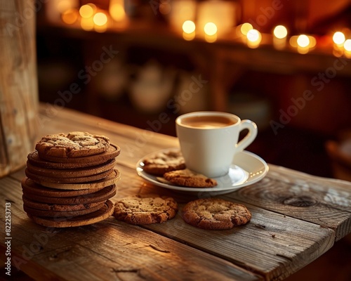 A cup of coffee and a stack of cookies on a rustic wooden table, with warm candlelight in the background.